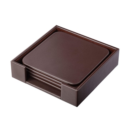 Dacasso Chocolate Brown Leatherette 4 Square Coaster Set with Holder AG-3411